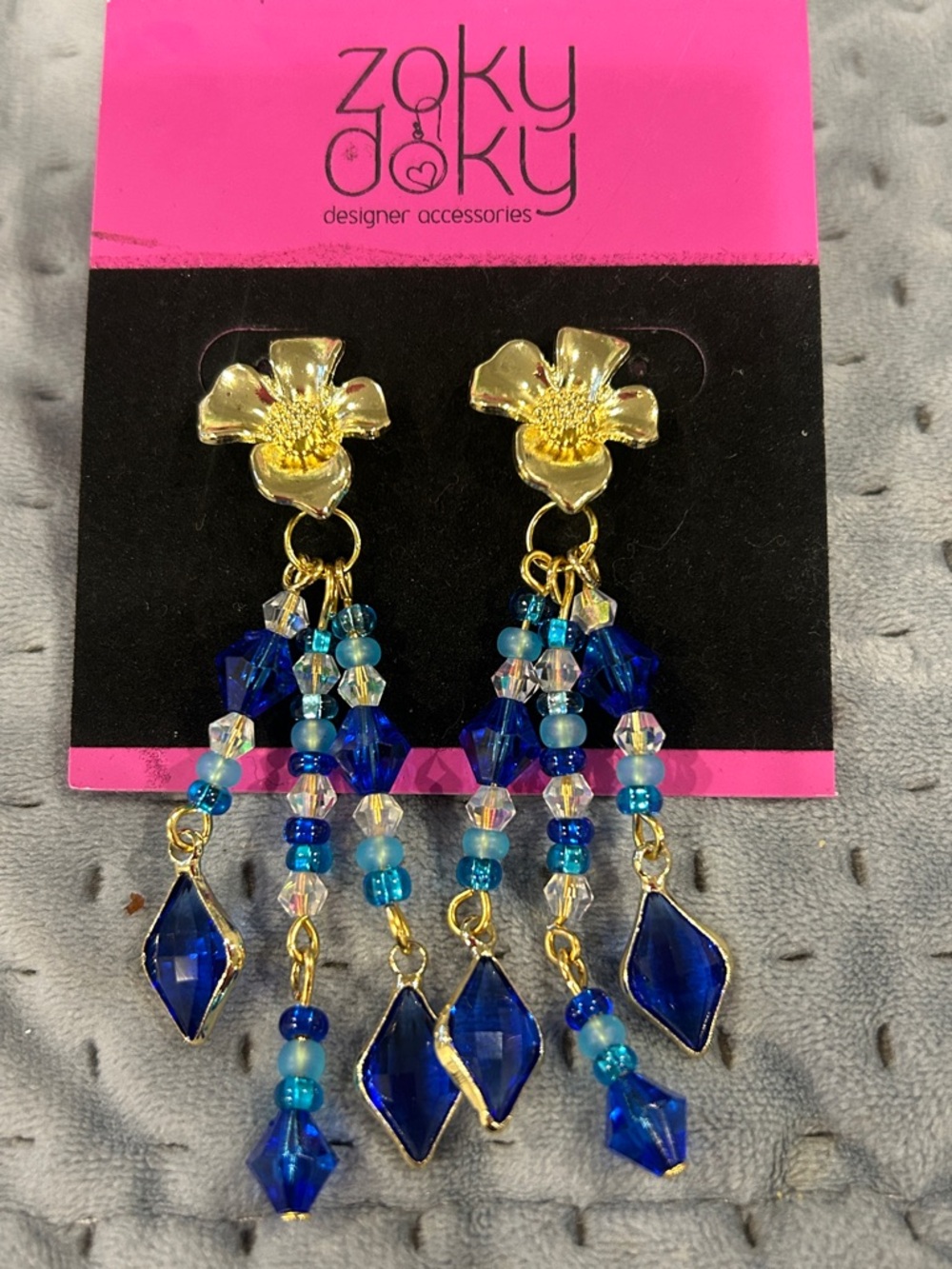 Golden Flower with Blue Bead and Crystal Dangle Earrings-NWT